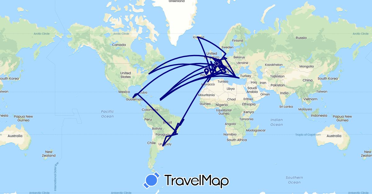 TravelMap itinerary: driving in Argentina, Belgium, Brazil, Switzerland, Germany, Denmark, Spain, France, United Kingdom, Guadeloupe, Greece, Iceland, Italy, Morocco, Martinique, Mexico, Netherlands, Portugal, Turkey, United States (Africa, Asia, Europe, North America, South America)